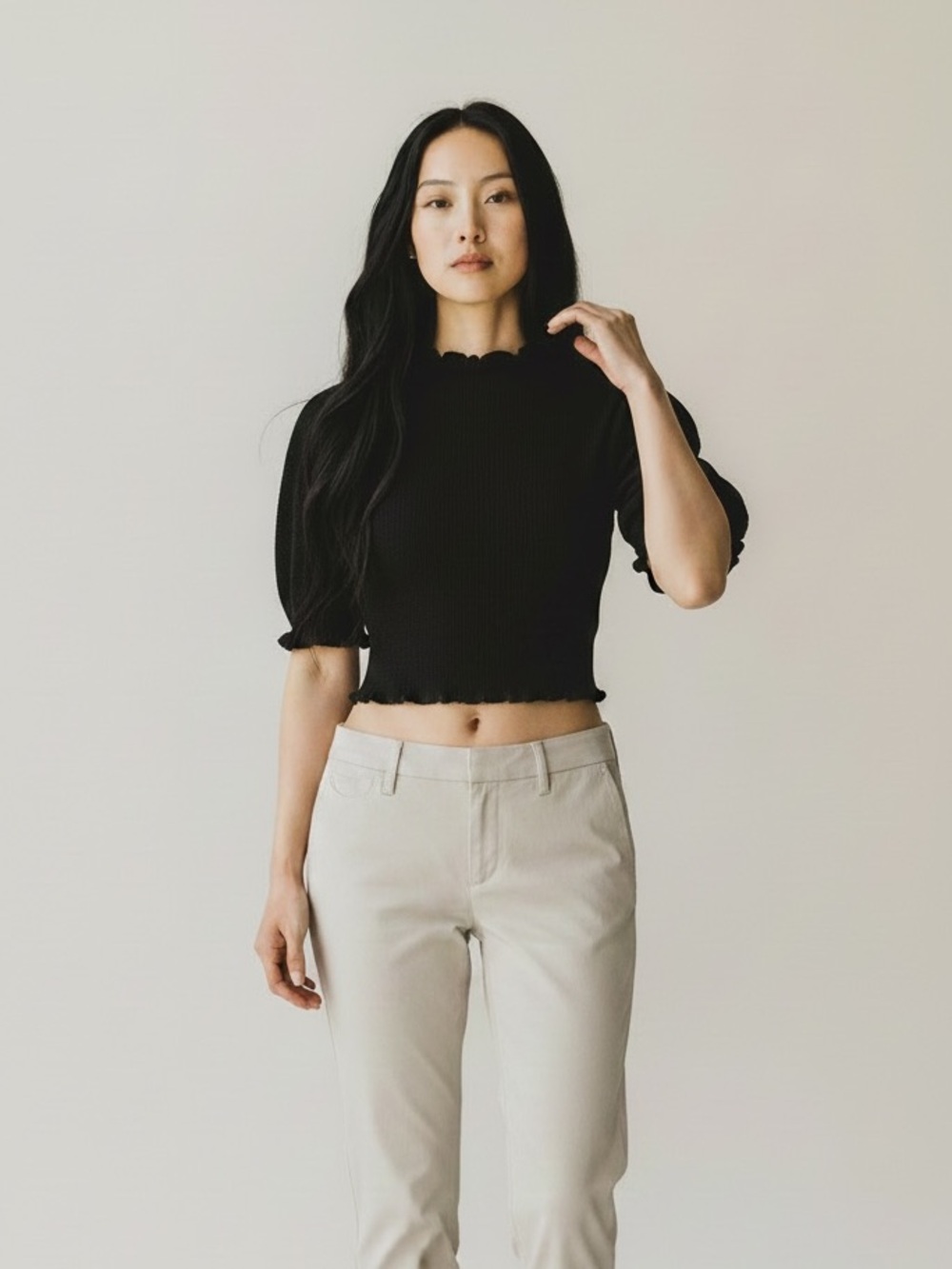Catherine Malandrino Black Ribbed Puff Sleeve High Neck Cropped Blouse